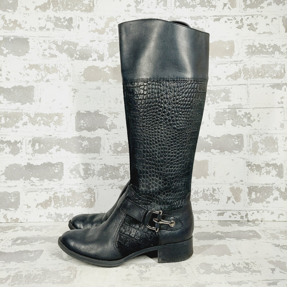 Joan & David Black Croc-Texture Knee Boots with Buckle